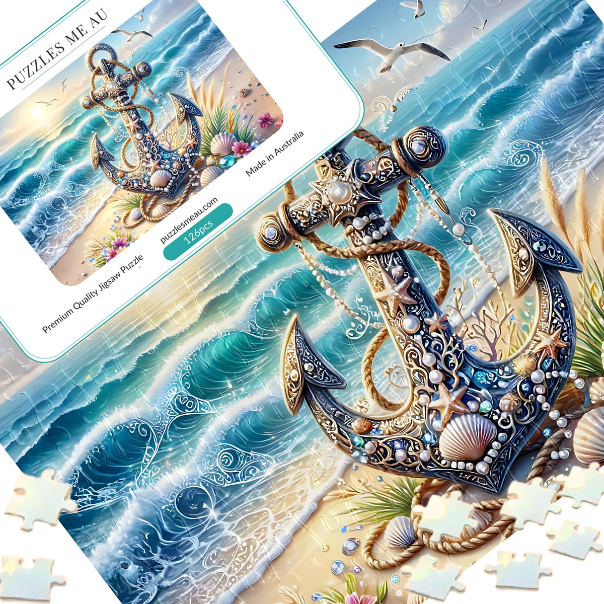 Jewelled anchor beach 126 piece magnetic puzzle - puzzle pieces spread alongside Puzzles Me AU branded box and Signature Edition metal keepsake box, ornate jewelled anchor with seashells and ocean waves, handmade in Queensland Australia