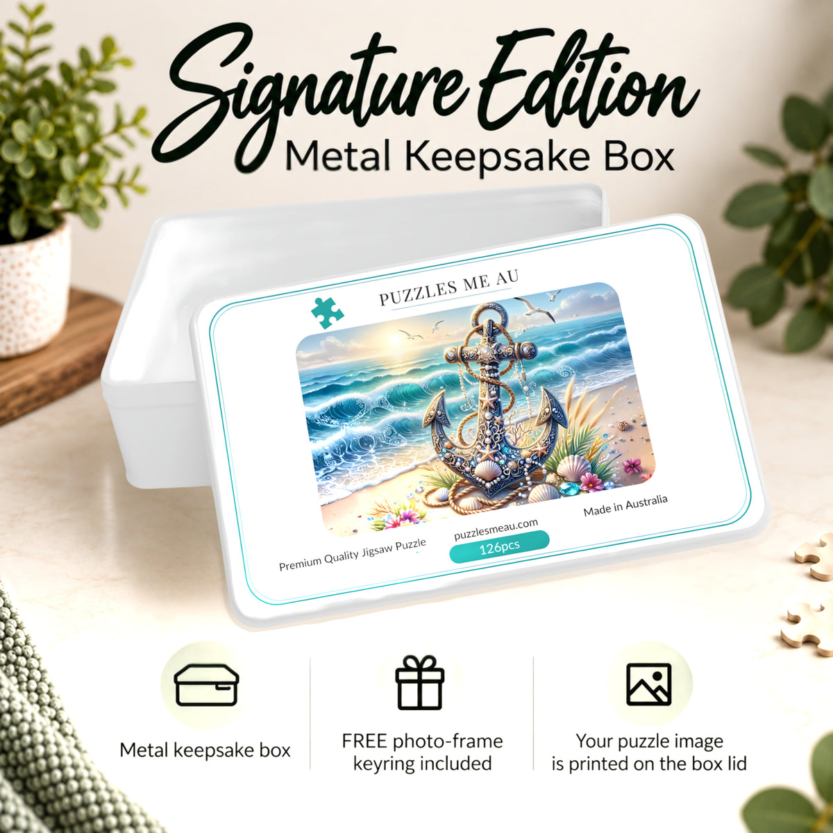 Puzzles Me AU Signature Edition metal keepsake box for jewelled anchor beach 126-piece magnetic puzzle - ornate anchor adorned with pearls seashells and starfish on sandy shore with turquoise waves, premium gift-ready packaging, handmade in Queensland Australia