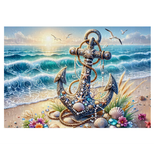 Assembled Jewelled Anchor Beach 126-piece magnetic jigsaw puzzle with gloss finish pieces, featuring an ornate anchor adorned with pearls, starfish and gemstones on a sunlit beach with crashing waves