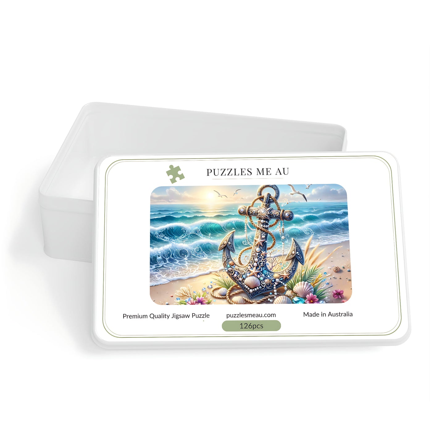 Puzzles Me AU branded box for Jewelled Anchor Beach 126-piece magnetic jigsaw puzzle - Premium Quality, Made in Australia