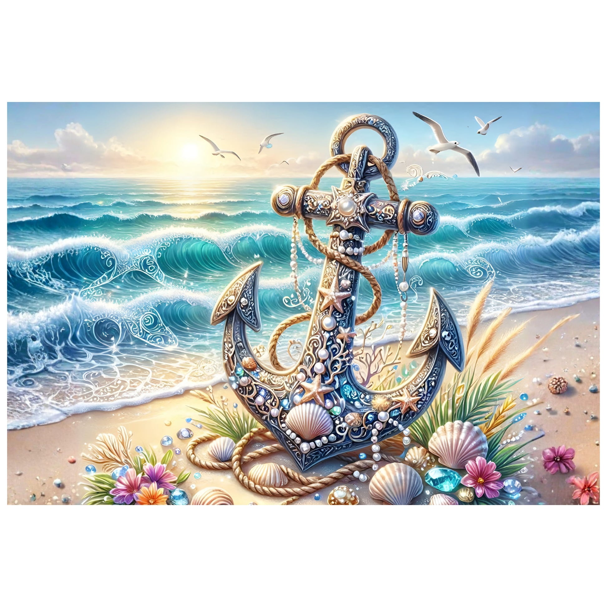 Reference image - Jewelled Anchor Beach coastal art featuring an ornate anchor decorated with pearls, starfish, seashells and gemstones on a sandy beach with ocean waves, printed on premium matte photo paper