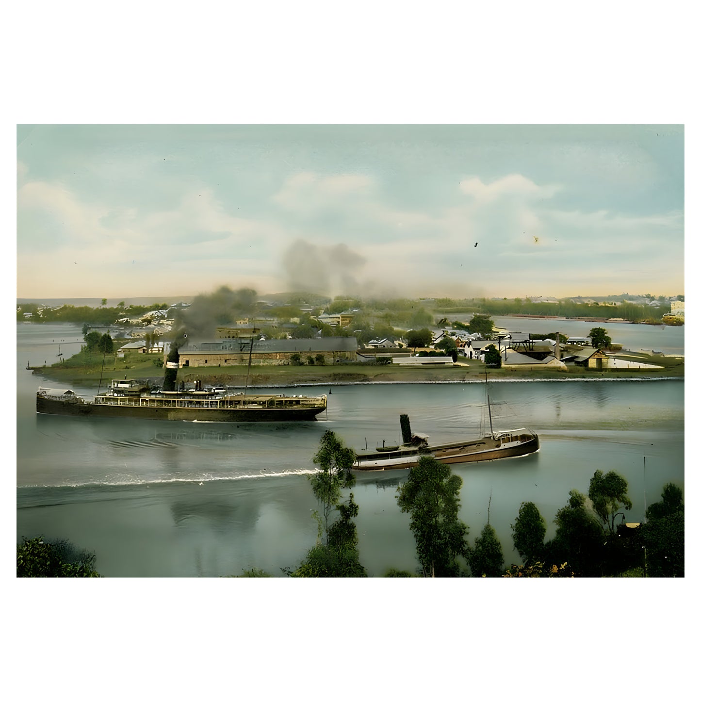 Kangaroo Point Queensland 1908 hand-coloured photograph puzzle artwork - steamships on the Brisbane River
