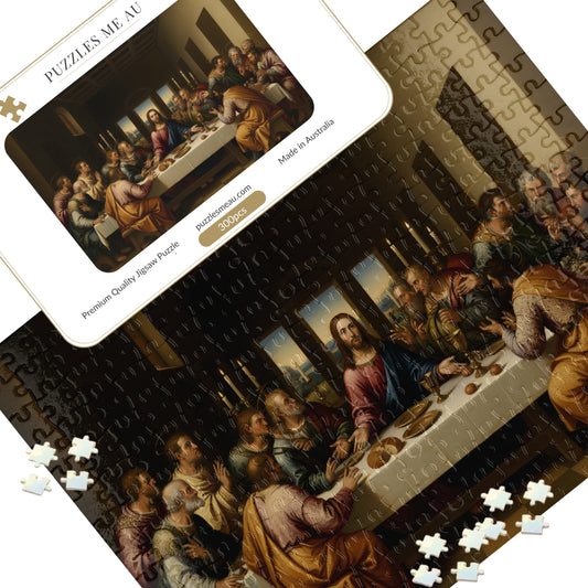 The Last Supper 300 piece jigsaw puzzle - hero image showing completed Leonardo da Vinci masterpiece puzzle with branded box - handmade in Queensland Australia
