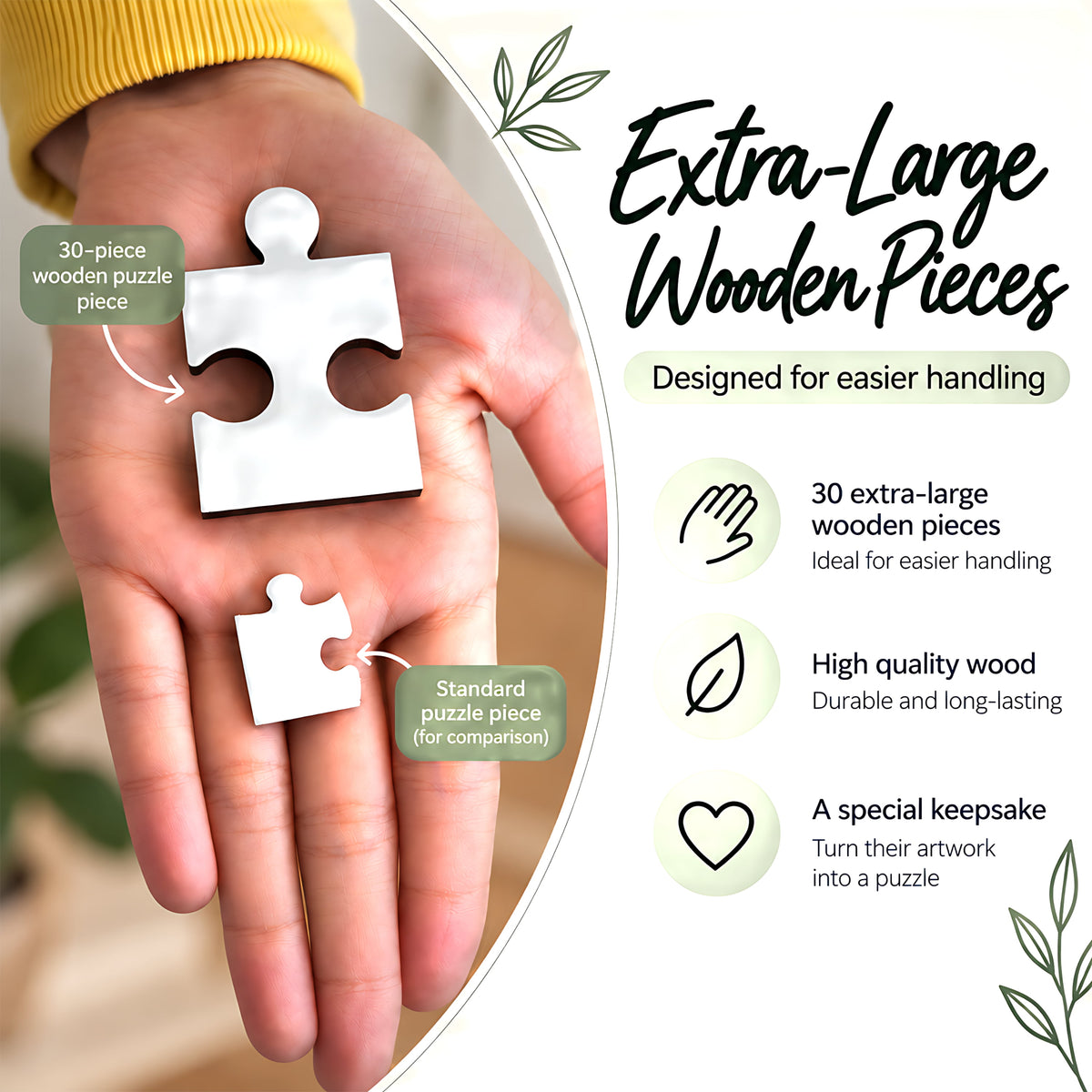 Personalised 30-piece wooden puzzle showing extra-large wooden piece compared with a standard jigsaw puzzle piece