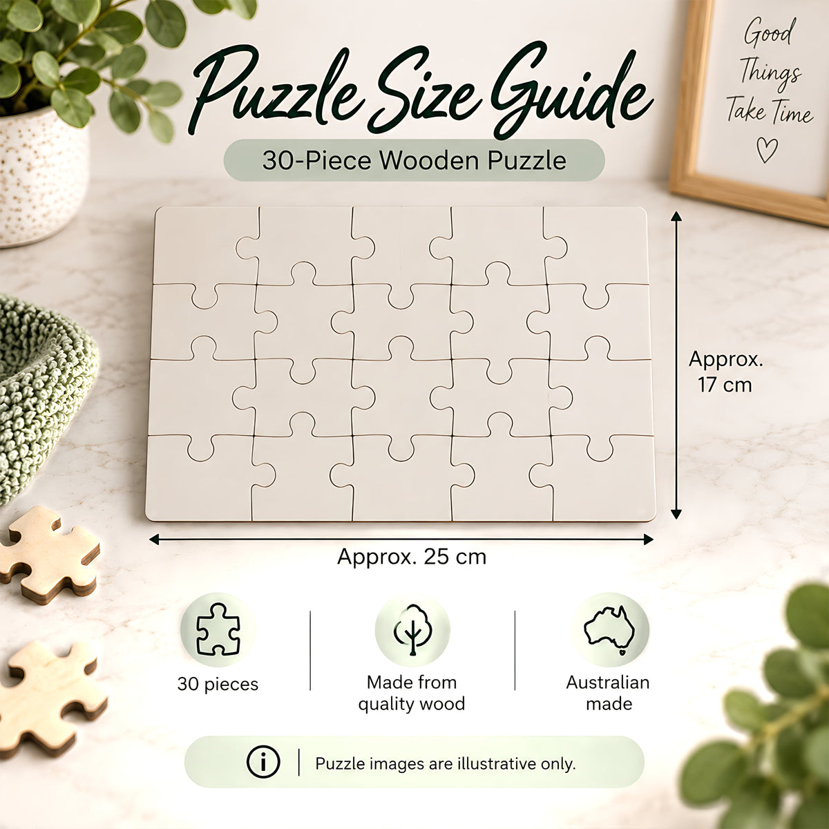 Personalised 30-piece wooden puzzle size guide showing approximately 25 x 17 cm completed size