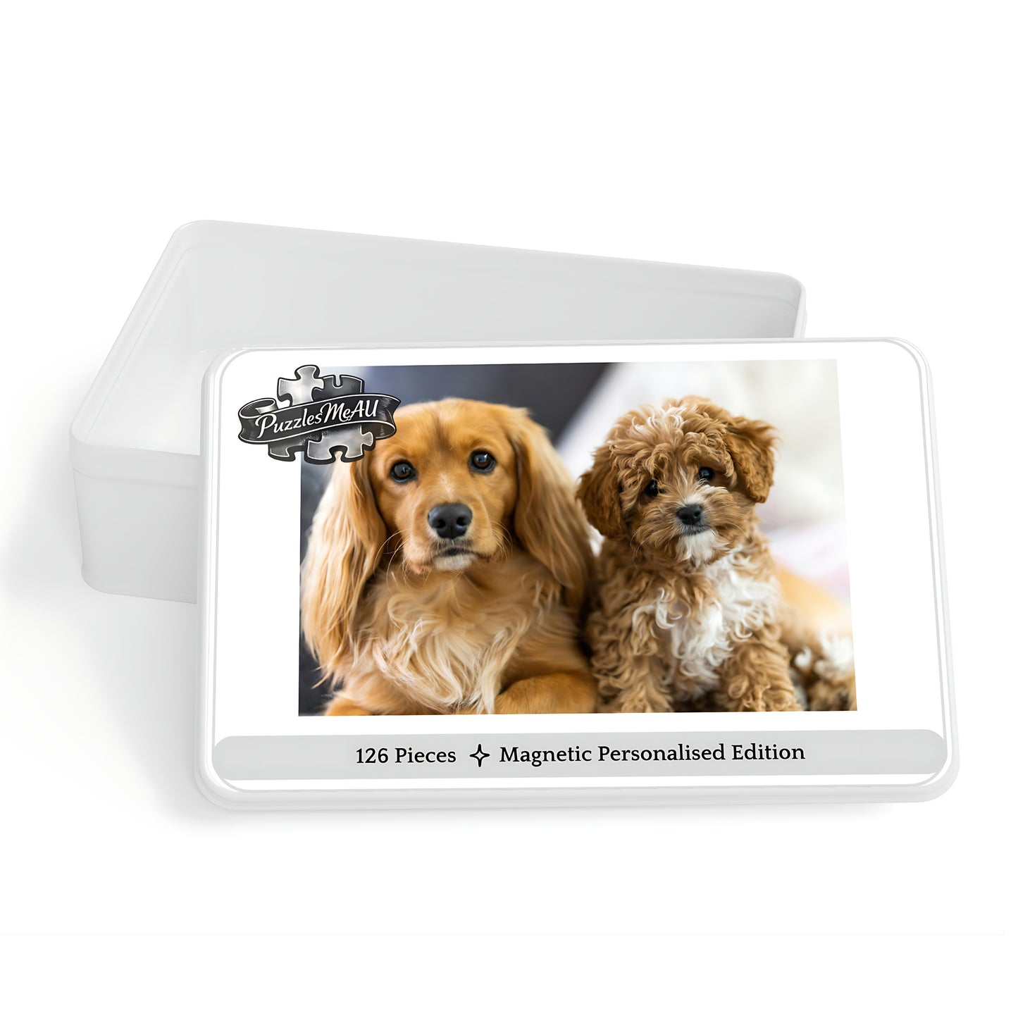 Personalised magnetic puzzle in signature metal gift box, Cavalier and Cavoodle dog photo, 126 pieces, Puzzles Me AU