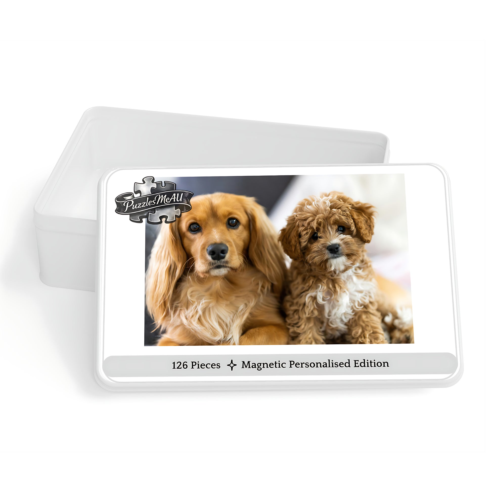 Personalised magnetic puzzle in signature metal gift box, Cavalier and Cavoodle dog photo, 126 pieces, Puzzles Me AU