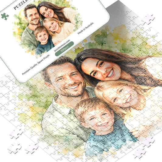 Personalised pen watercolour family portrait wooden jigsaw puzzle 300 pieces - handmade in Queensland Australia - Puzzles Me AU