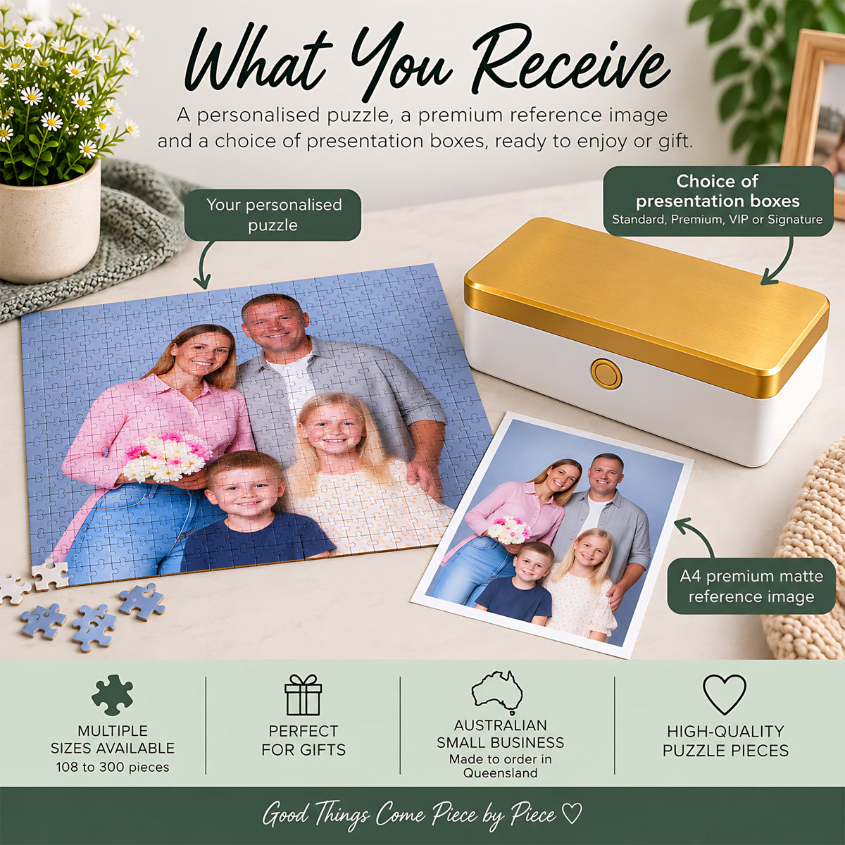 Personalised photo jigsaw puzzle with A4 premium matte reference image and choice of presentation boxes.