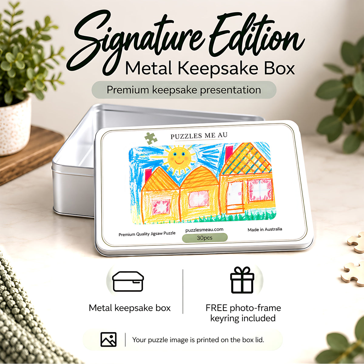 Personalised wooden puzzle Signature Edition metal keepsake box by Puzzles Me AU - premium gift-ready tin printed with child's own artwork, made in Australia