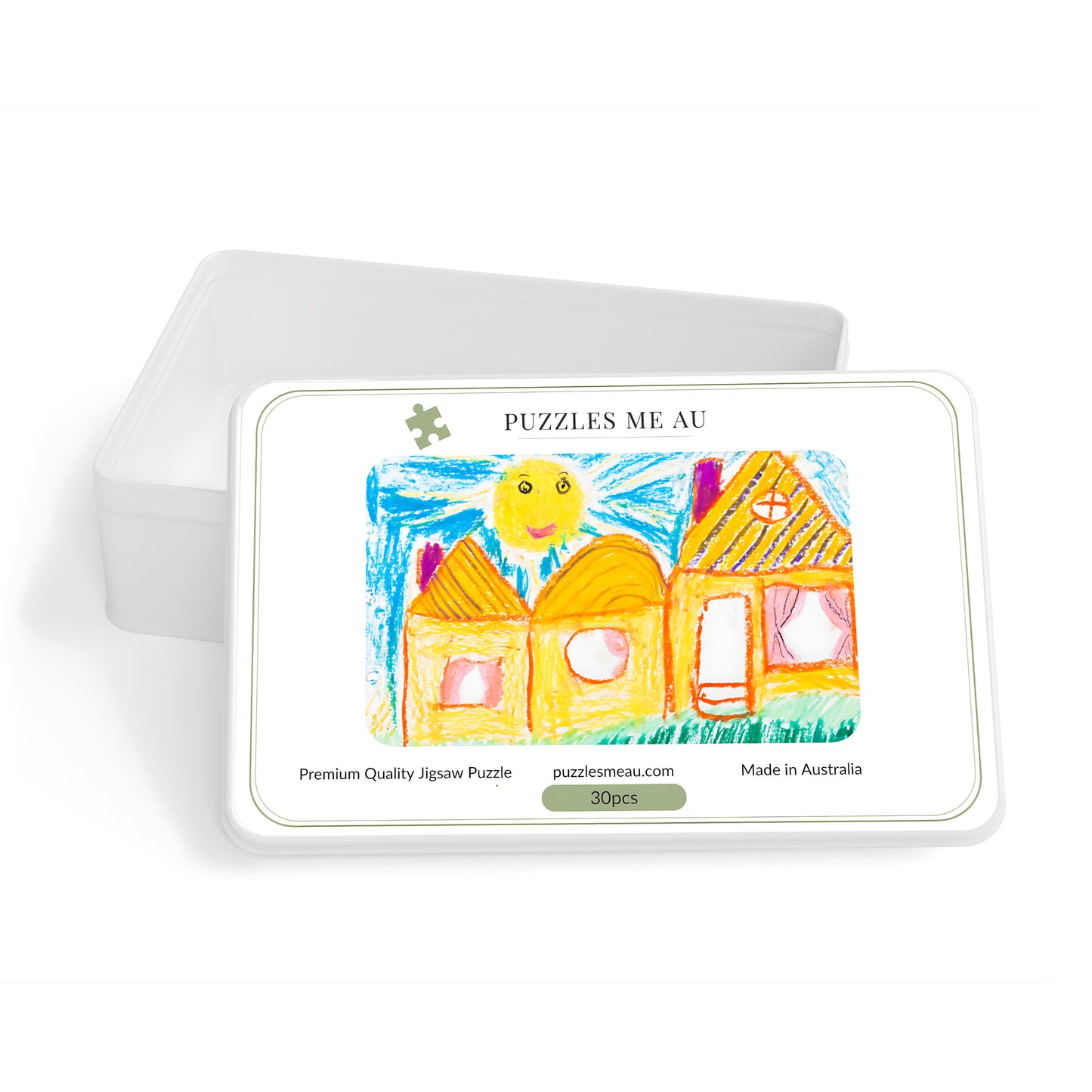 Puzzles Me AU gift box showing personalised wooden puzzle with child's crayon drawing on lid - 30 piece - made to order in Queensland Australia