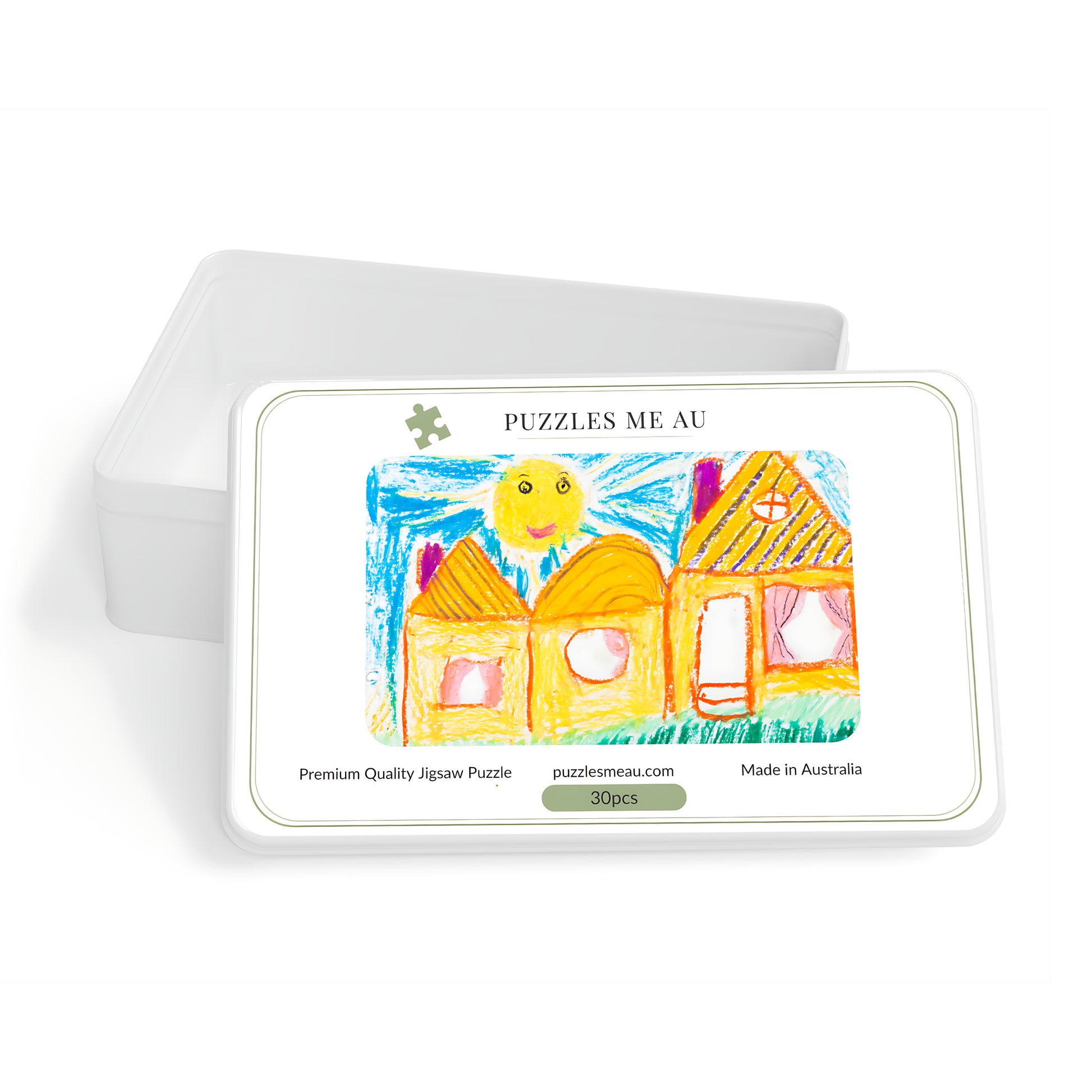 Puzzles Me AU gift box showing personalised wooden puzzle with child's crayon drawing on lid - 30 piece - made to order in Queensland Australia