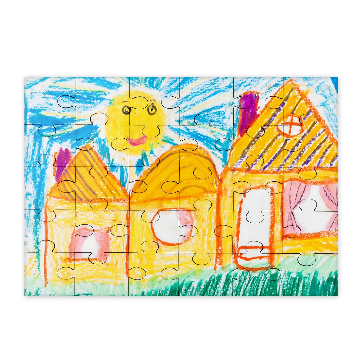 Personalised wooden puzzle featuring a child's crayon drawing of houses and a smiling sun - 30 piece - handmade in Queensland Australia