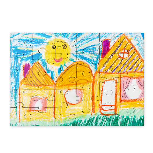 Personalised wooden puzzle featuring a child's crayon drawing of houses and a smiling sun - 30 piece - handmade in Queensland Australia