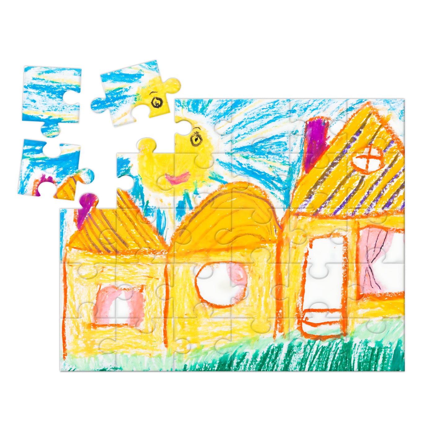 Personalised wooden puzzle with child's crayon artwork partially assembled showing thick gloss finish puzzle pieces - handmade in Queensland Australia