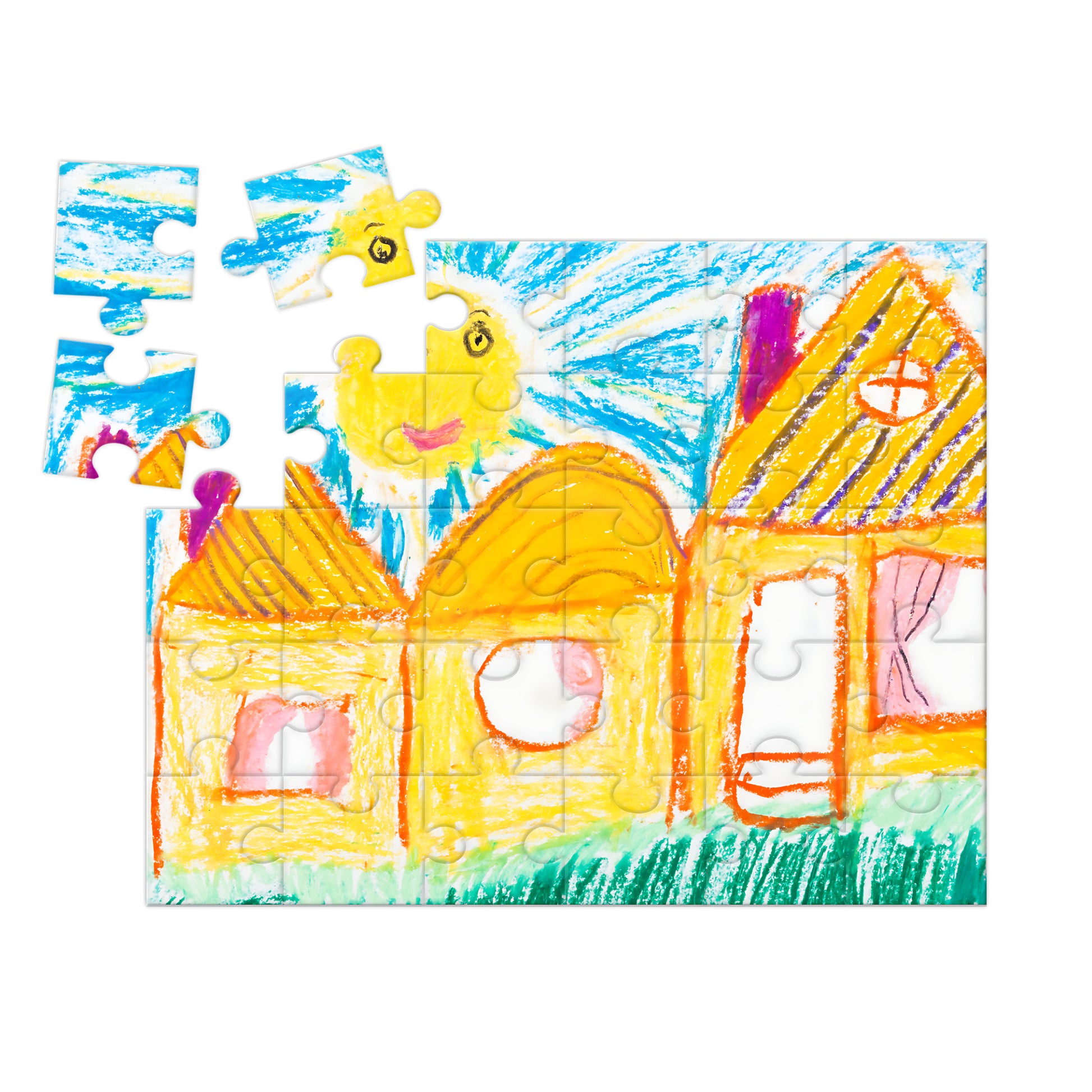 Personalised wooden puzzle with child's crayon artwork partially assembled showing thick gloss finish puzzle pieces - handmade in Queensland Australia