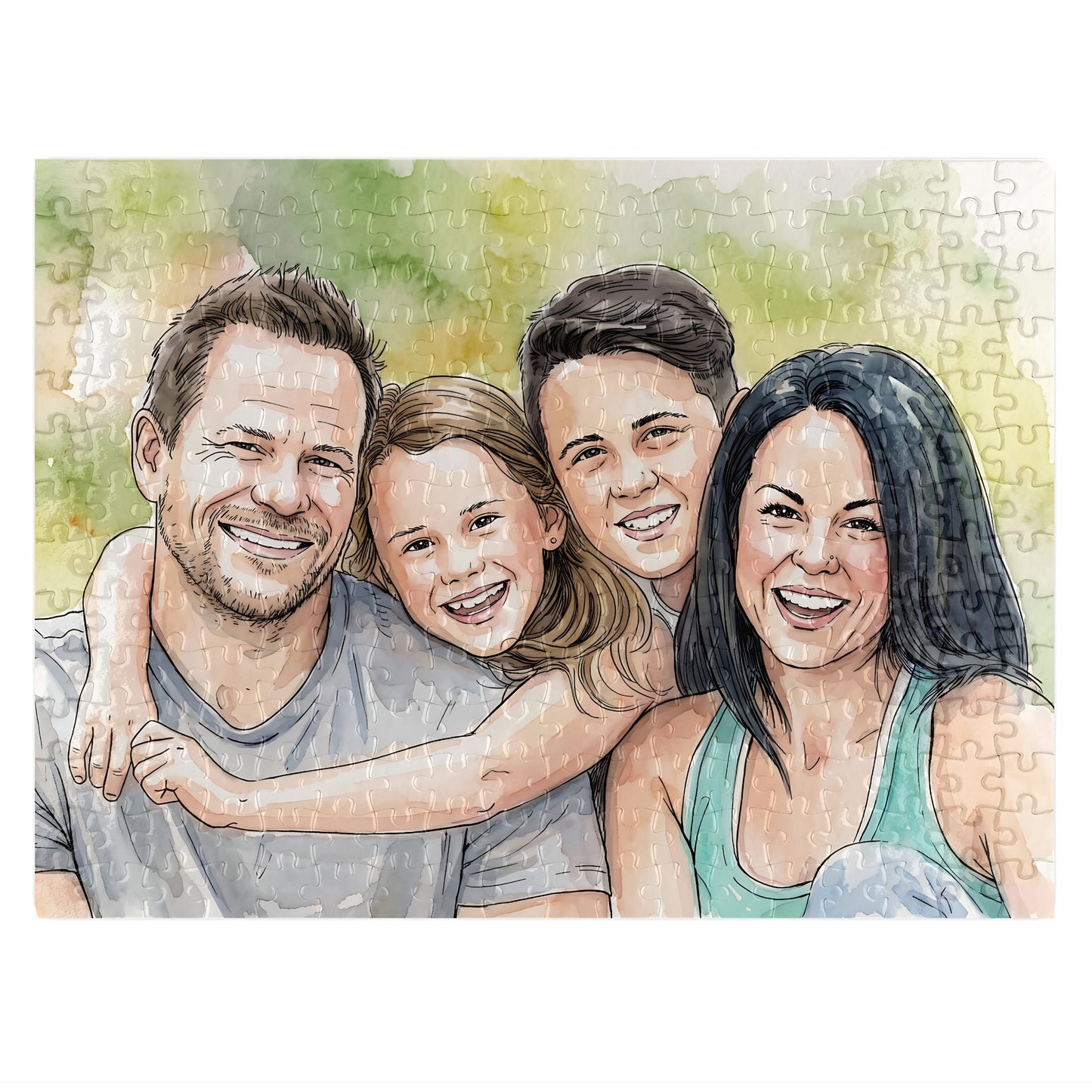 A watercolor-style family portrait puzzle showing four smiling adults and children hugging, with a faint jigsaw puzzle pattern visible across the artwork.