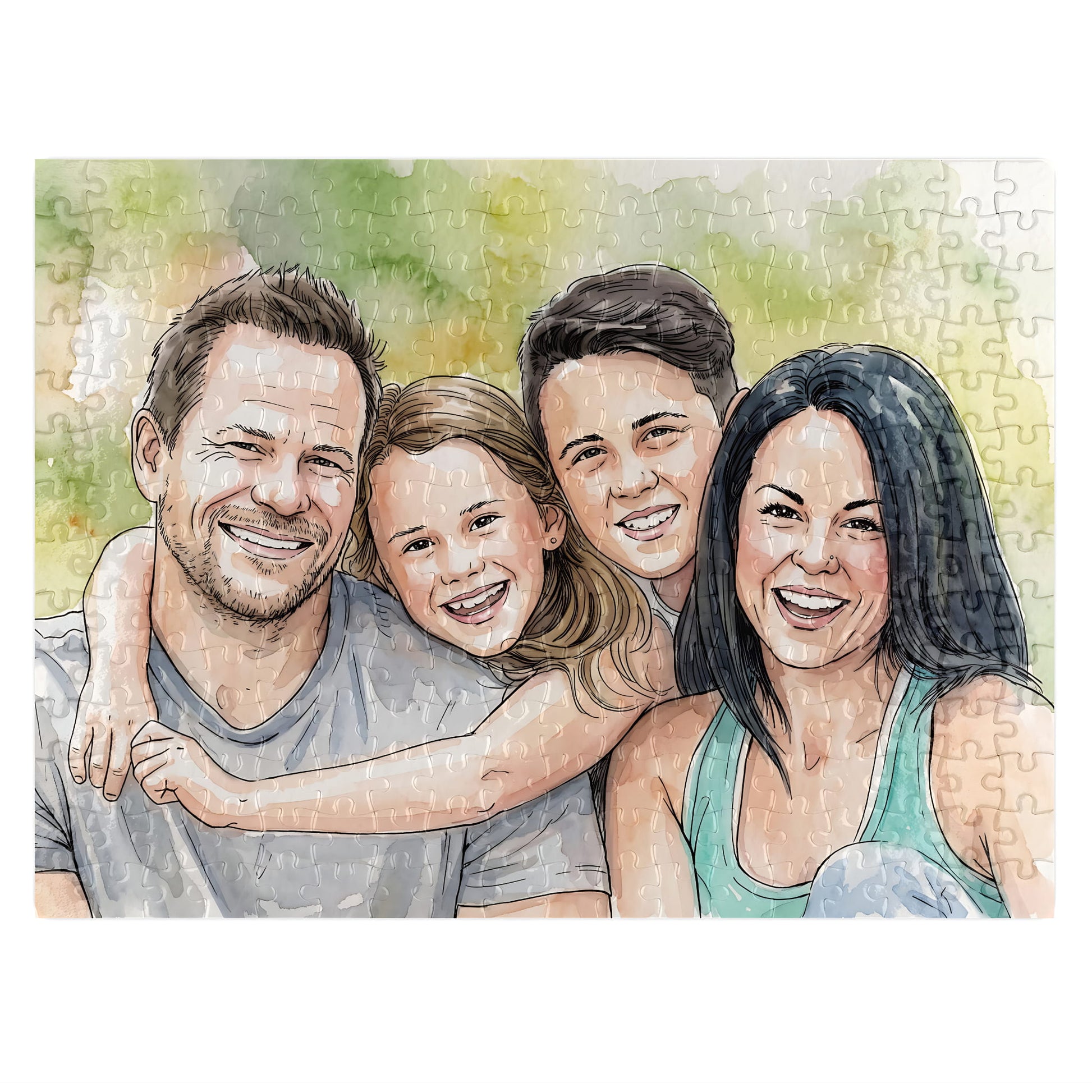 A watercolor-style family portrait puzzle showing four smiling adults and children hugging, with a faint jigsaw puzzle pattern visible across the artwork.