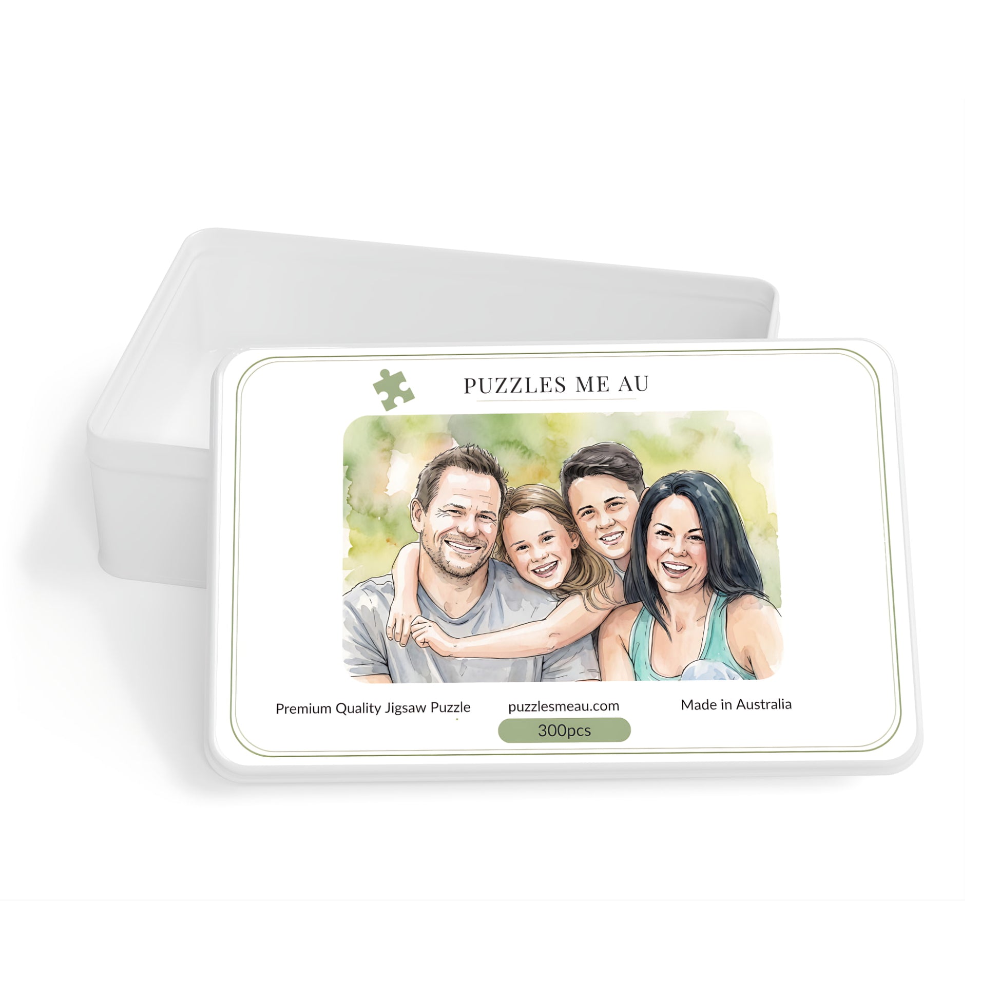 A rectangular jigsaw puzzle tin with the lid off, showing a printed family portrait on the front. The product is photographed on a clean white background.