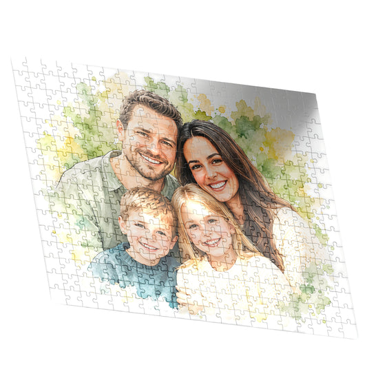 Personalised 300-piece wooden jigsaw puzzle with standard-size pieces and watercolour family portrait