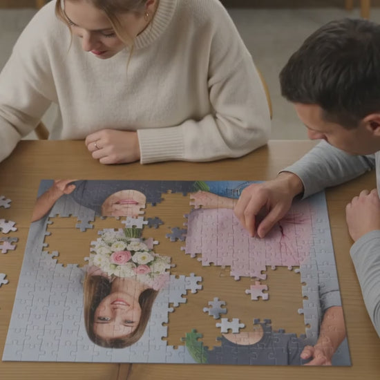 Short video demonstration of a hand placing the final missing piece into a personalized family photo jigsaw puzzle