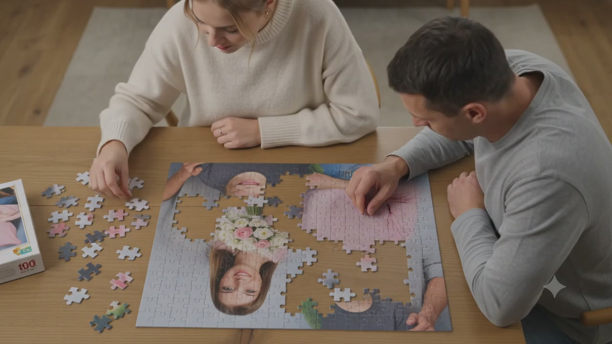 Short video demonstration of a hand placing the final missing piece into a personalized family photo jigsaw puzzle