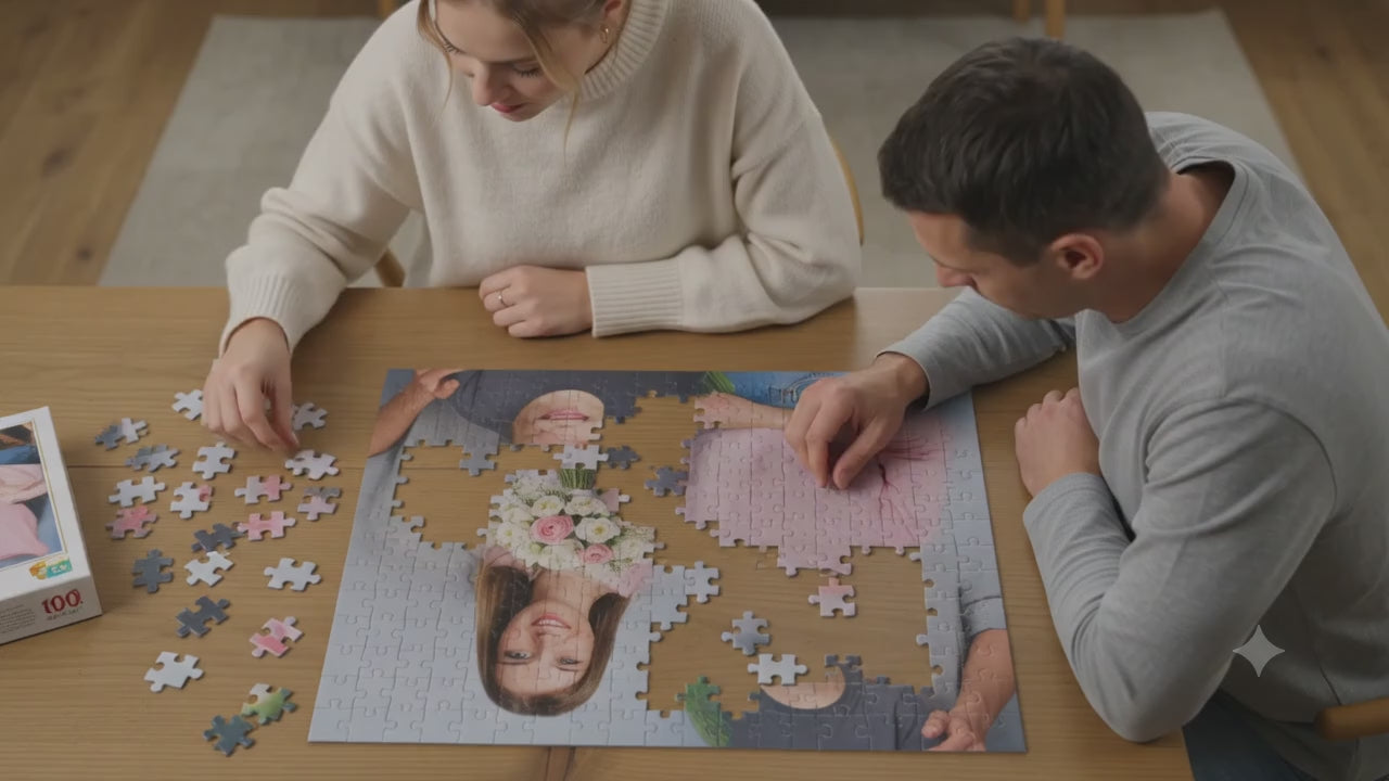 Short video demonstration of a hand placing the final missing piece into a personalized family photo jigsaw puzzle