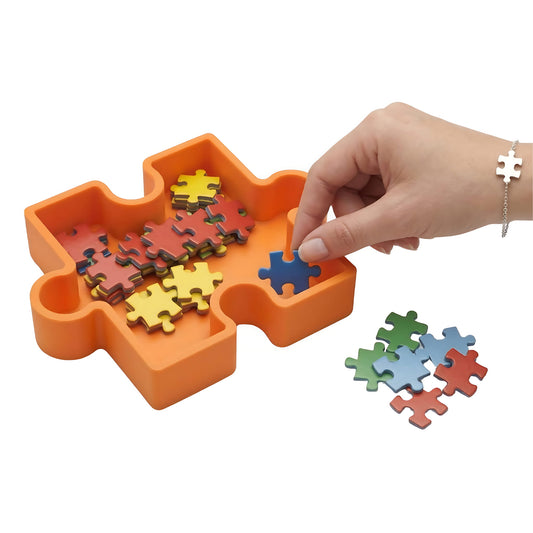 Puzzle piece organiser trays in multiple colours - charcoal, ivory, plum, sunflower, orange, apple green and beige - handmade in Queensland by Puzzles Me AU