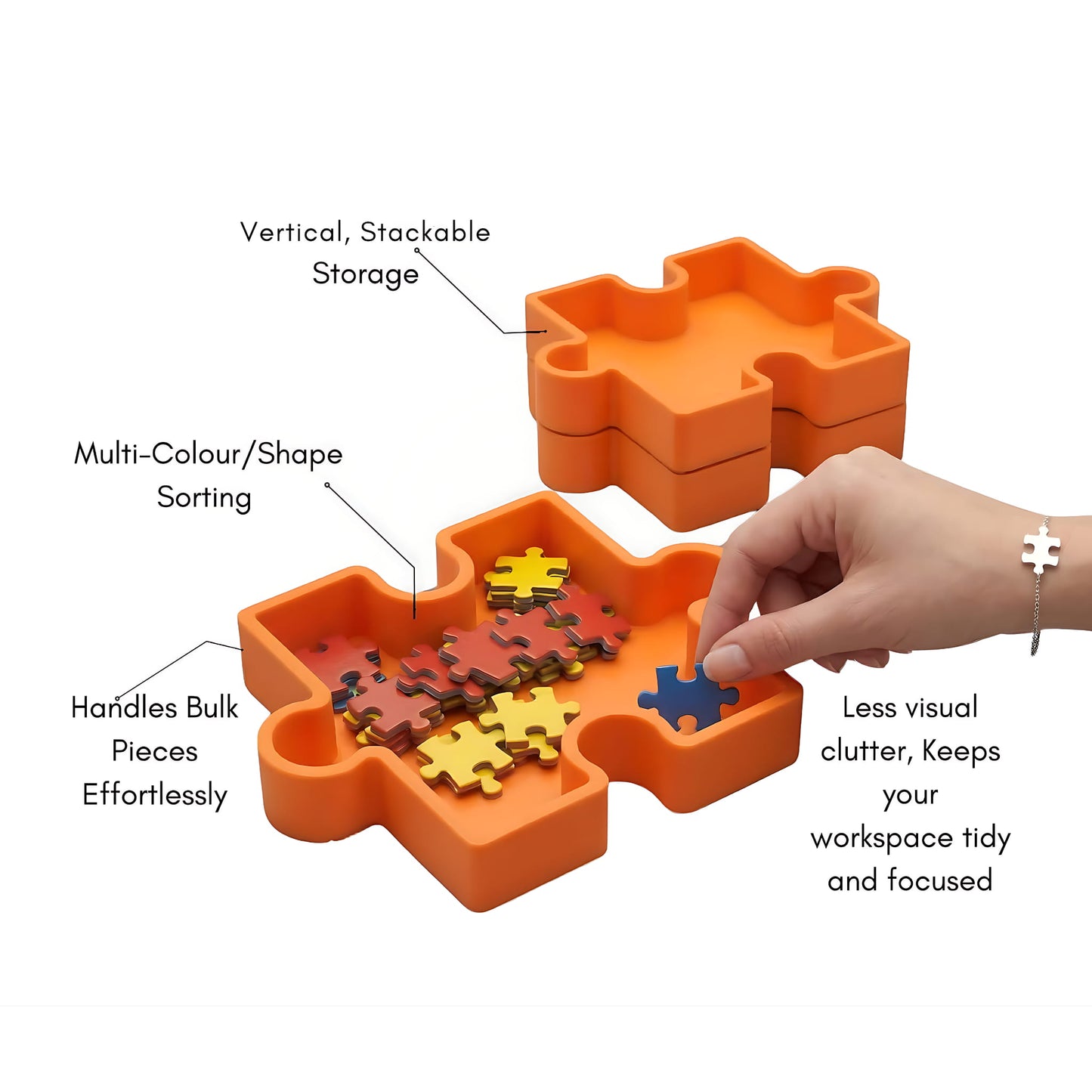 Hand placing a jigsaw piece into orange puzzle organiser tray - features vertical stackable storage, multi-colour sorting and handles bulk pieces effortlessly - Puzzles Me AU
