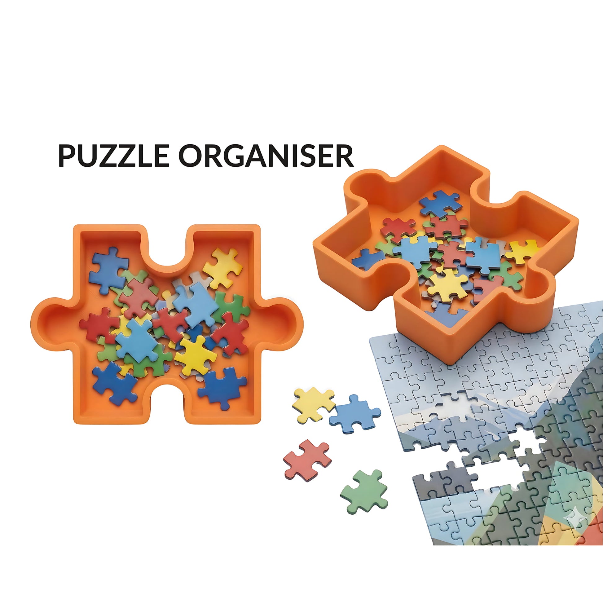 Puzzle organiser tray shown from top and side view with assembled jigsaw puzzle in background - Puzzles Me AU