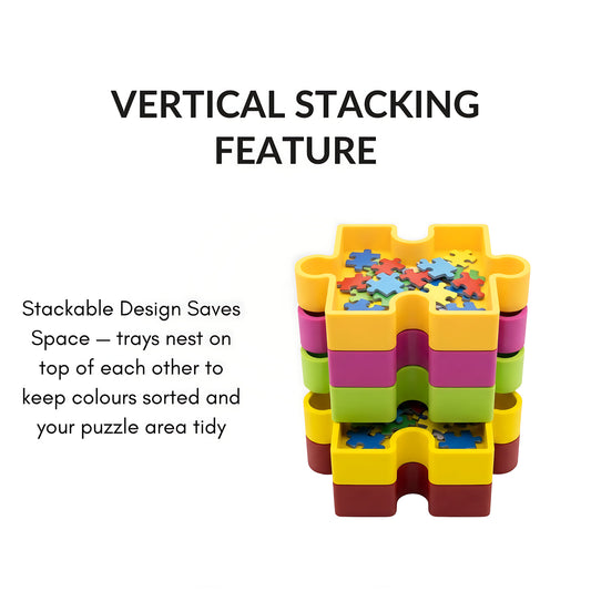 Puzzle organiser trays stacked vertically in multiple colours - stackable design saves space and keeps jigsaw pieces sorted by colour - Puzzles Me AU