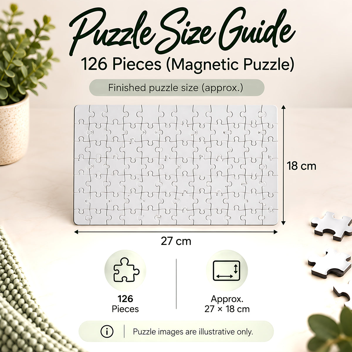 126 piece magnetic puzzle size guide showing approximate finished size 27.5 x 18 cm