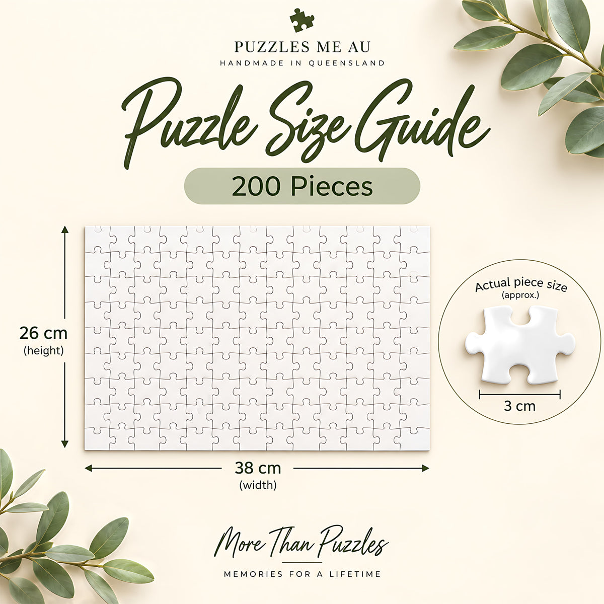 200 piece jigsaw puzzle size guide showing 38 x 26 cm finished puzzle and approximately 3 cm piece size - Puzzles Me AU