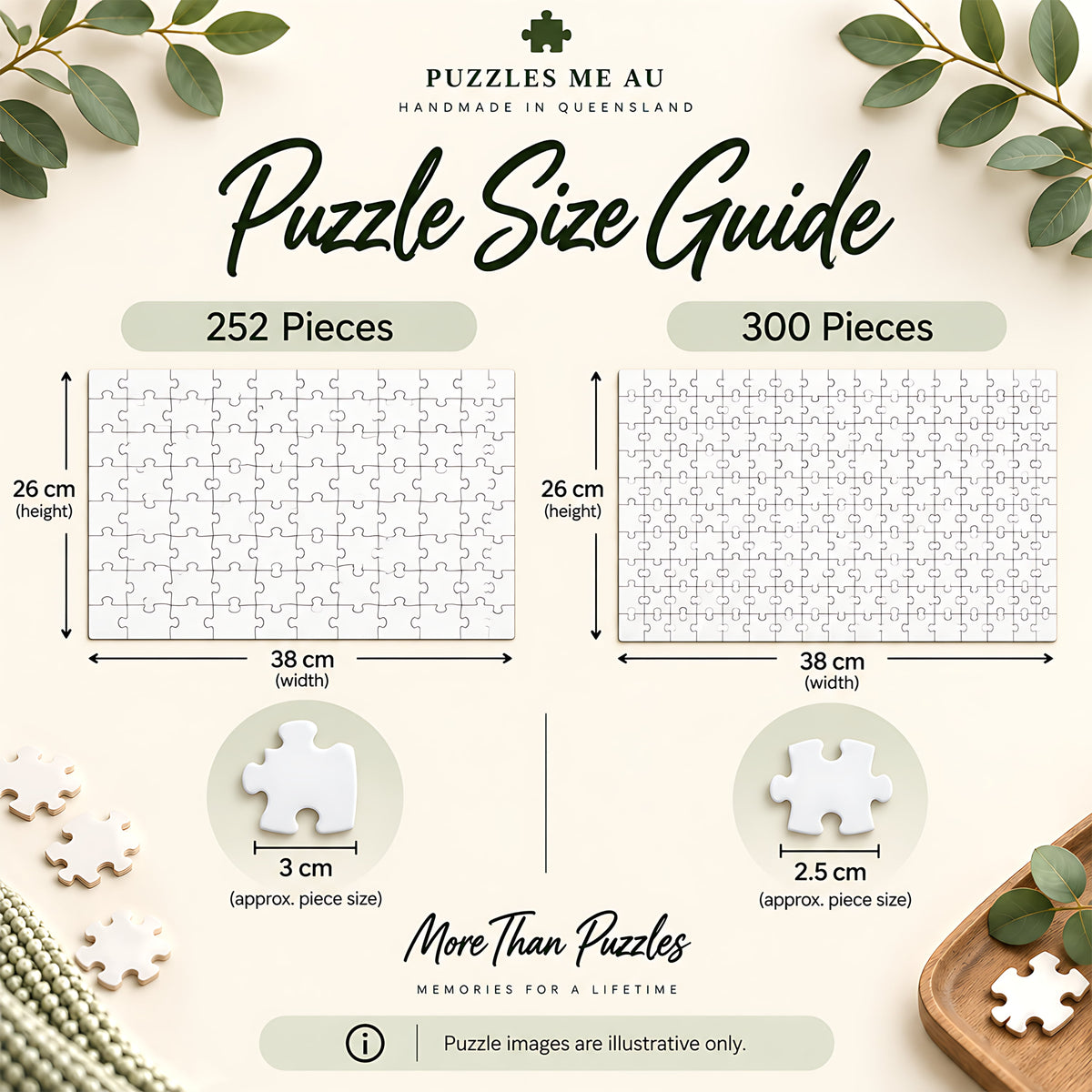 252- and 300-piece jigsaw puzzle size guide showing 38 x 26 cm finished size, with approximately 3 cm pieces for 252pc and 2.5 cm pieces for 300pc - Puzzles Me AU