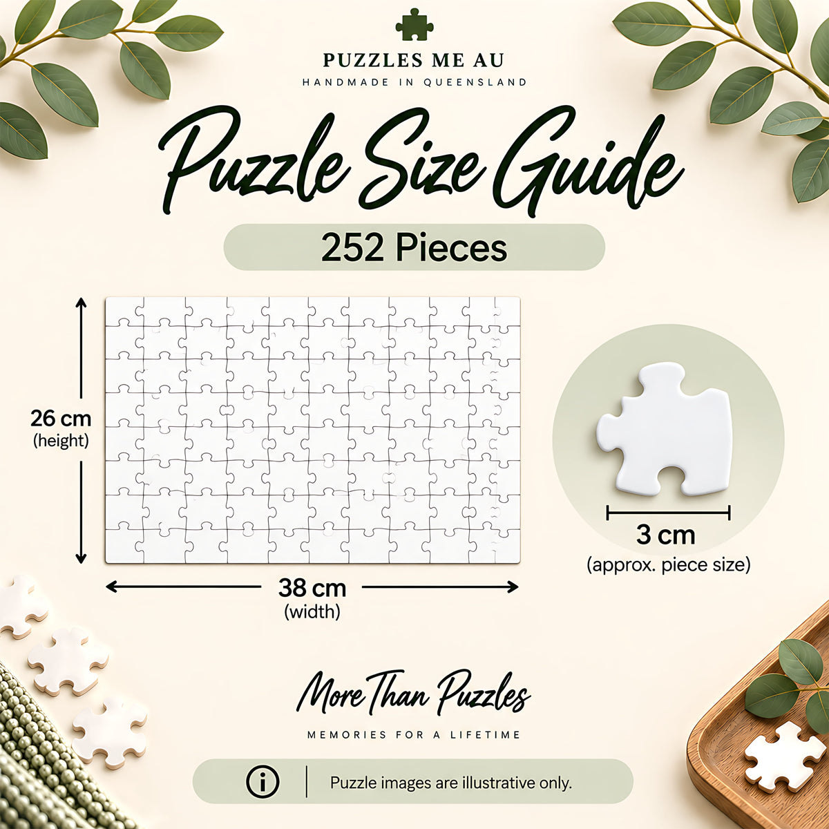 252 piece jigsaw puzzle size guide showing 38 x 26 cm finished size and approximately 3 cm puzzle piece size - Puzzles Me AU