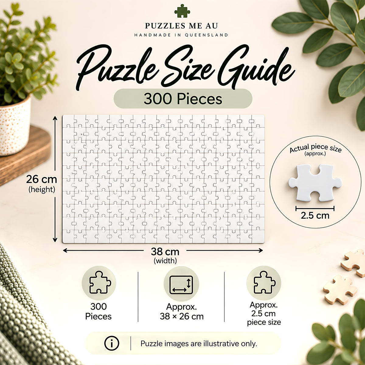 300-piece jigsaw puzzle size guide showing 38 x 26 cm finished size and approximately 2.5 cm puzzle piece size - Puzzles Me AU