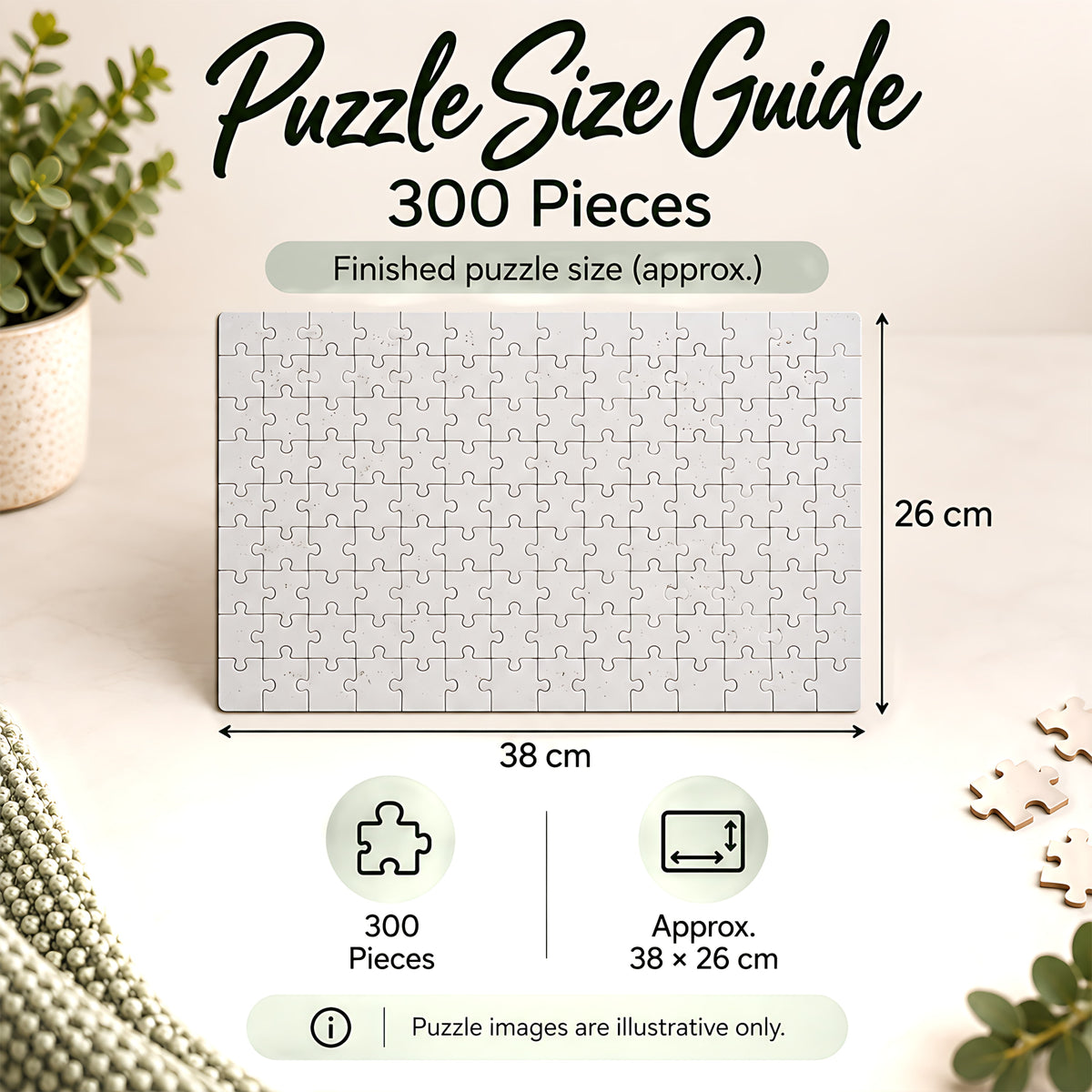 300 piece jigsaw puzzle size guide showing approximate finished size 38 x 26 cm
