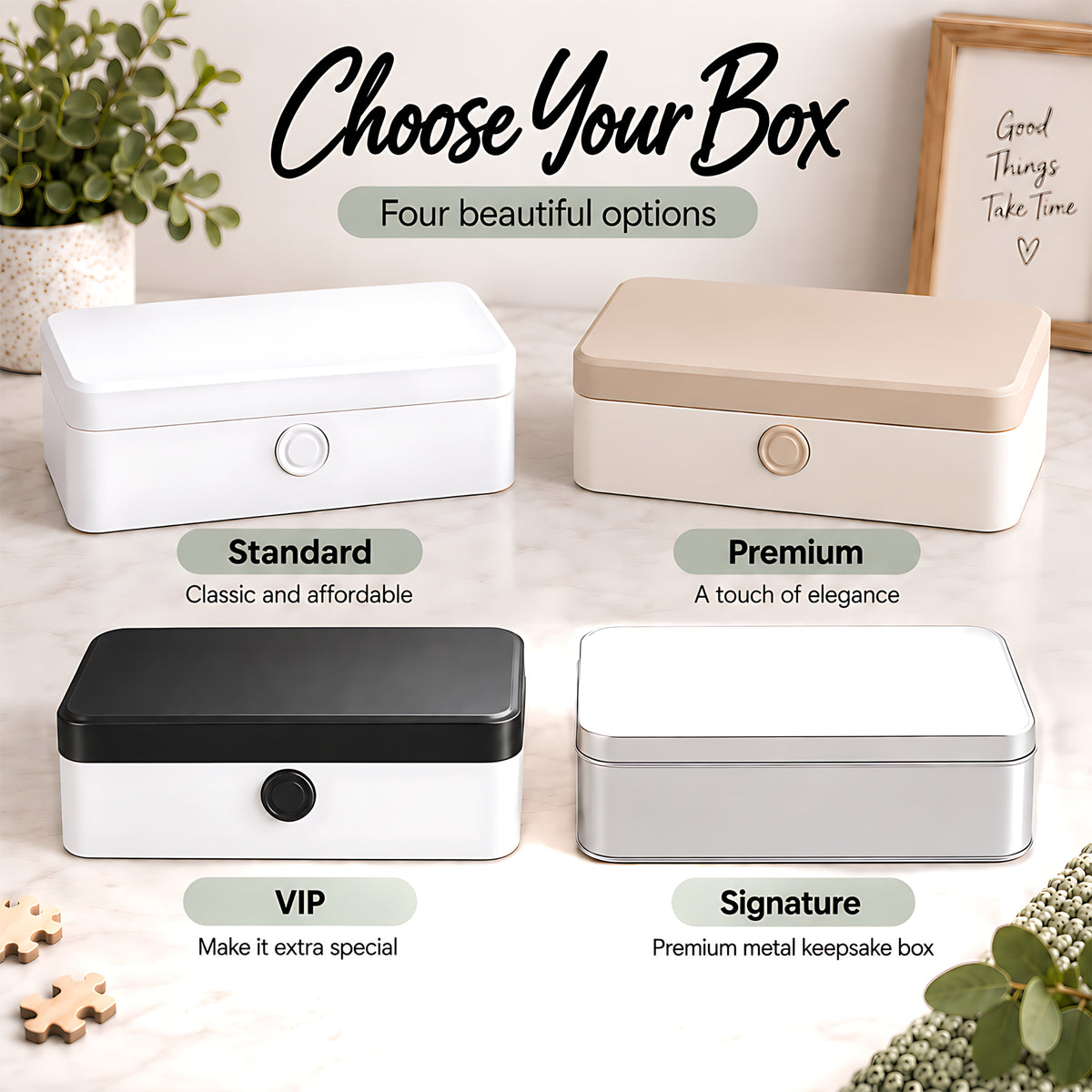 Standard, Premium, VIP and Signature presentation box options for Puzzles Me AU puzzles, showing white, beige, black and metal keepsake box styles.
