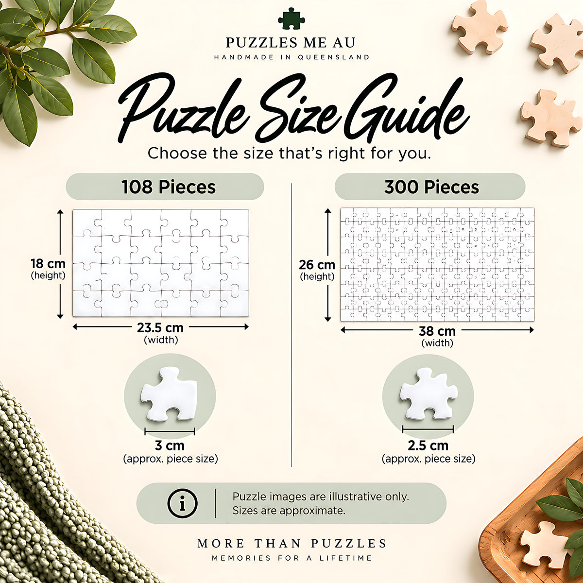 Jigsaw puzzle size guide for 108 and 300 piece puzzles showing approximate finished sizes 18 x 12 cm and 38 x 26 cm