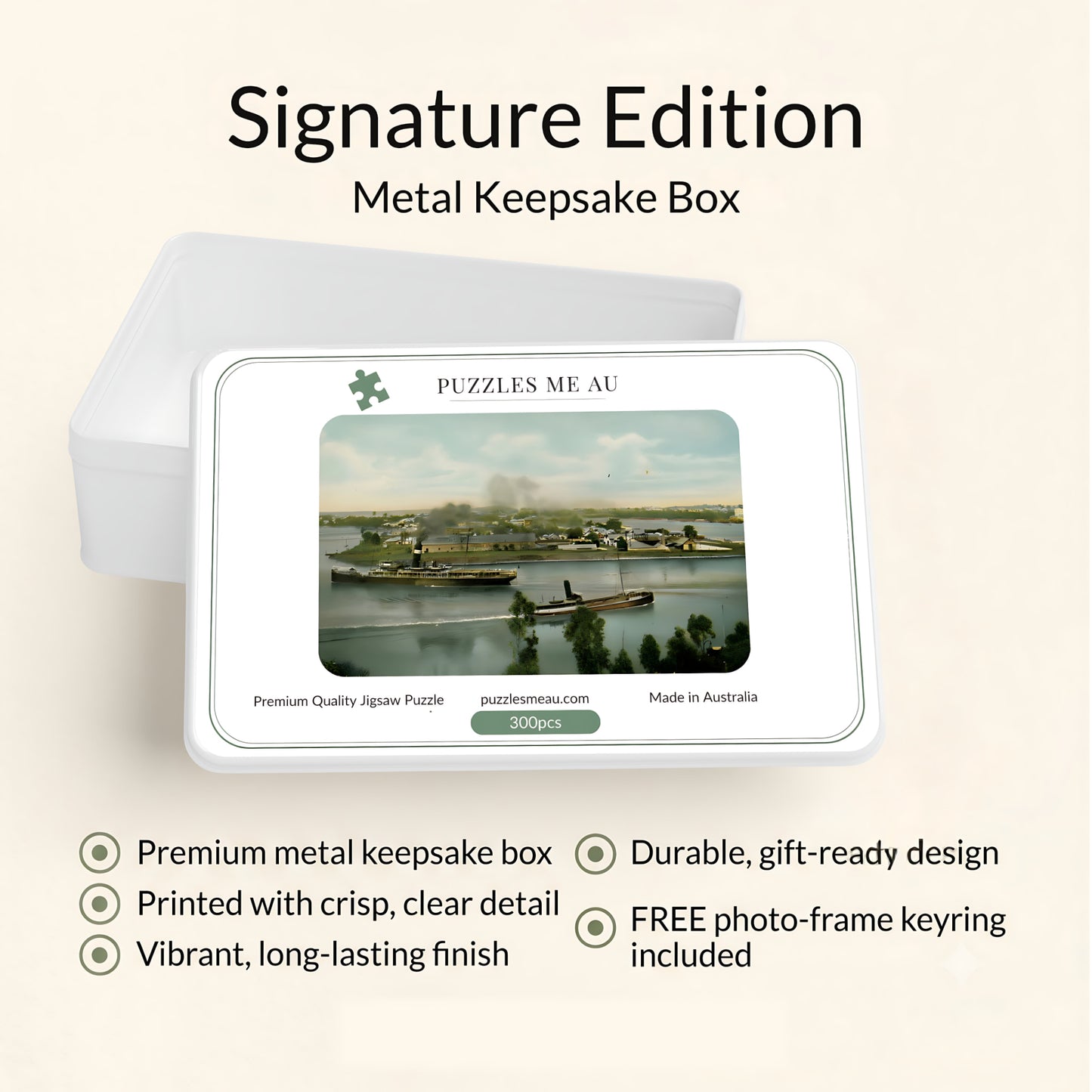 Puzzles Me AU Signature Edition metal keepsake box with free photo-frame keyring - 300 piece jigsaw puzzle