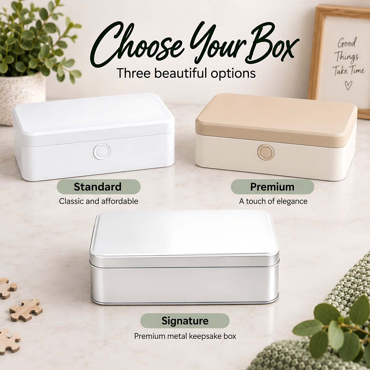 Standard white, Premium beige and Signature metal keepsake box options for Puzzles Me AU jigsaw puzzles