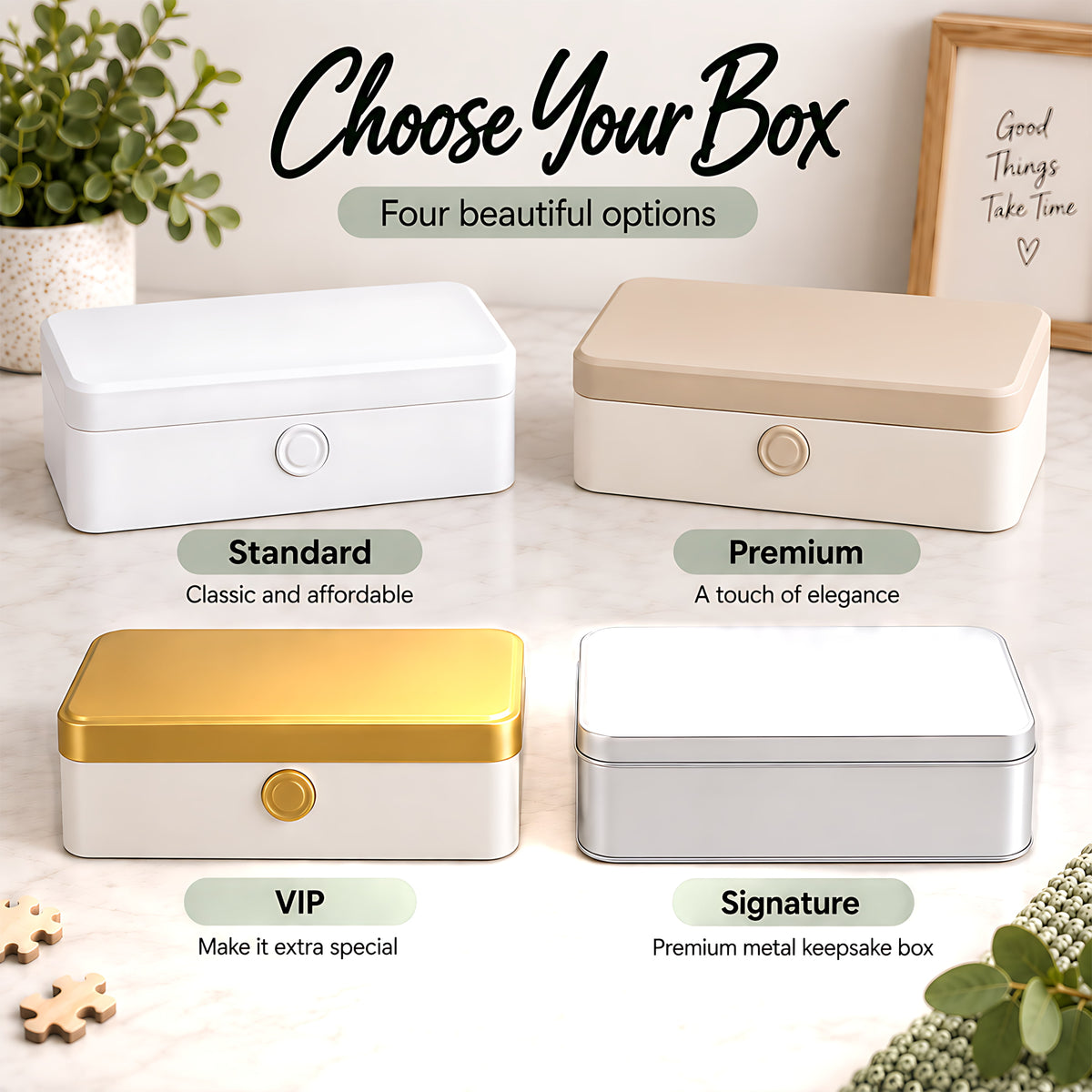Puzzles Me AU puzzle box options showing Standard white, Premium beige, VIP gold and Signature metal keepsake boxes