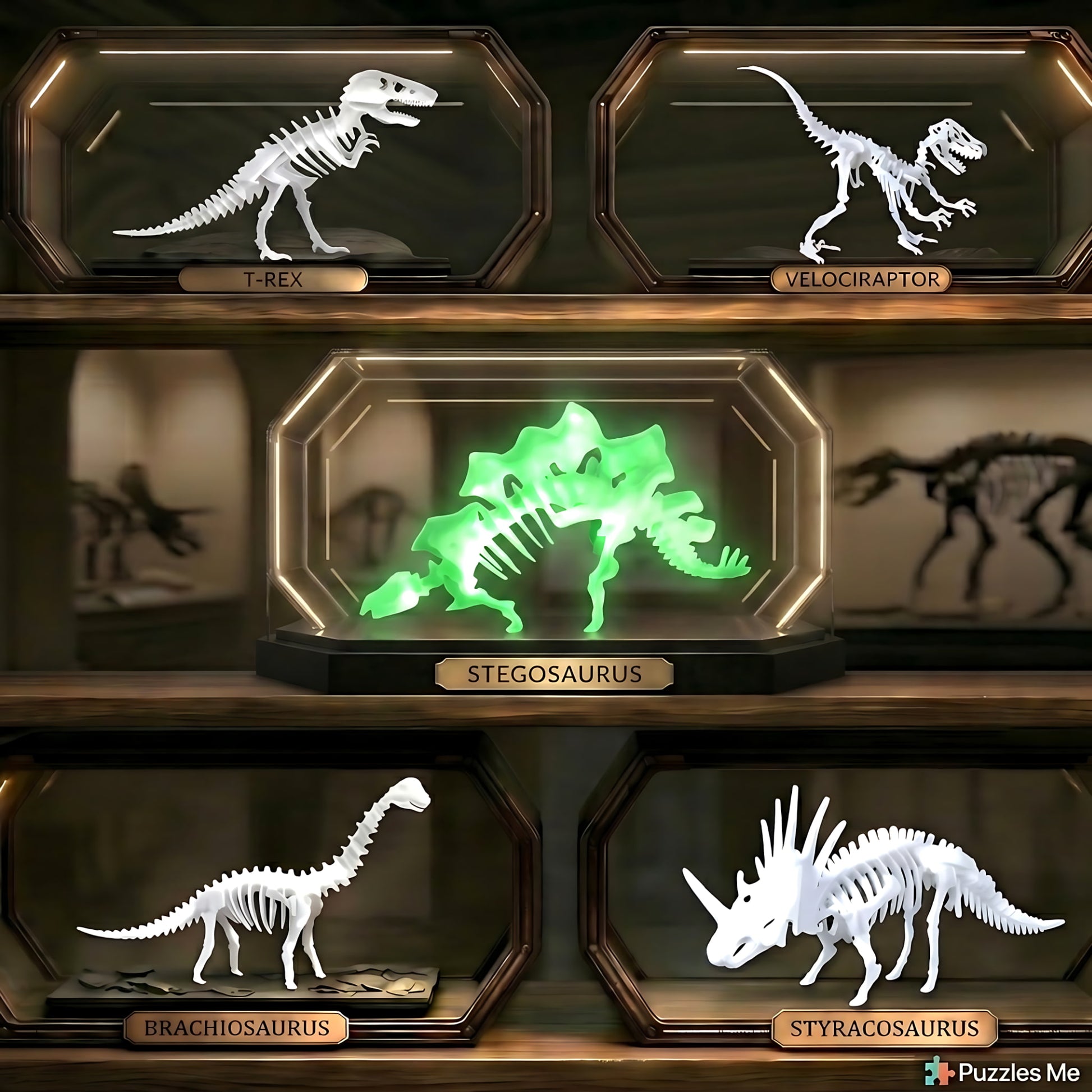 3D dinosaur puzzle collection with T-Rex, Velociraptor, Stegosaurus, Brachiosaurus and Styracosaurus display models