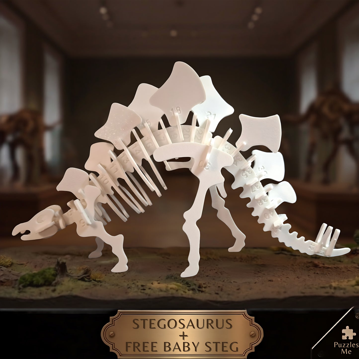 Stegosaurus 3D puzzle kit assembled dinosaur skeleton model with free baby Stegosaurus display
