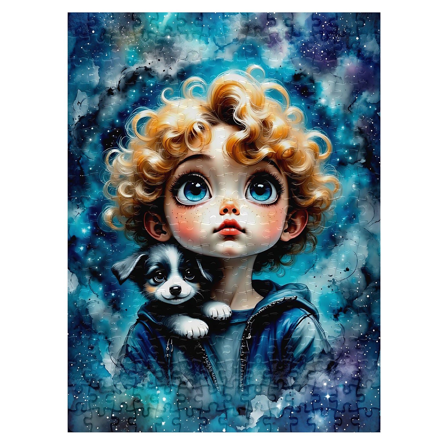 Boy and puppy jigsaw puzzle for adults whimsical fantasy watercolour art