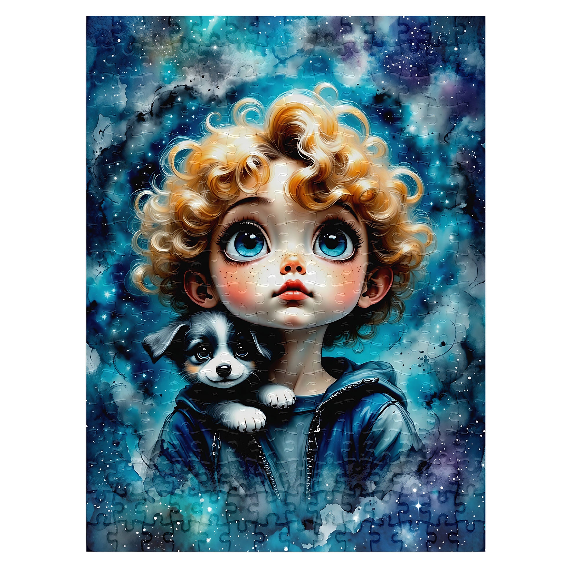 Boy and puppy jigsaw puzzle for adults whimsical fantasy watercolour art