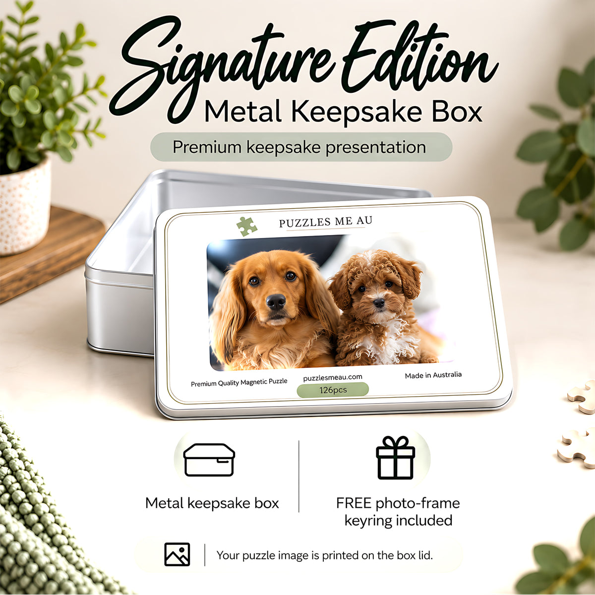 Signature Edition metal keepsake box with FREE photo-frame keyring for personalised magnetic puzzle, Puzzles Me AU