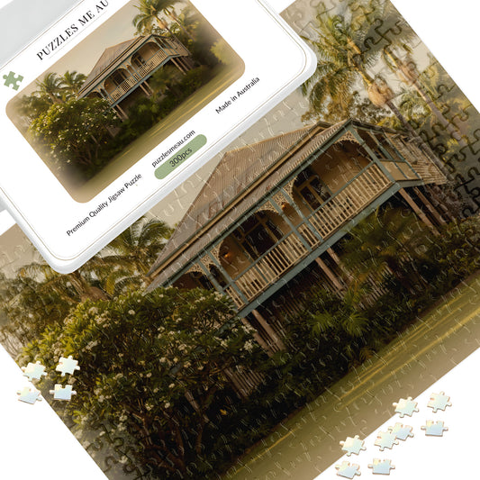 Old Queenslander house jigsaw puzzle 300 pieces spread with box, Puzzles Me AU