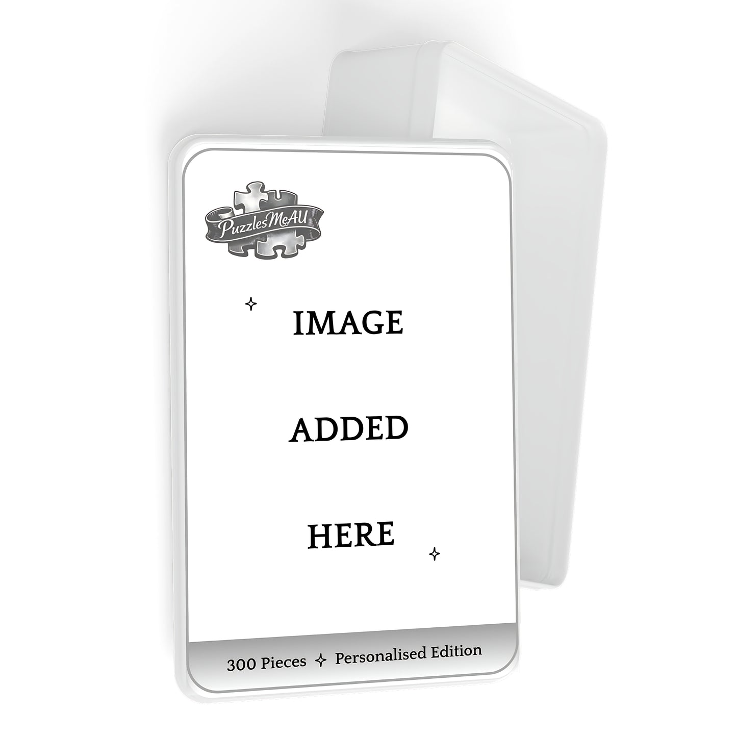 A customisable jigsaw puzzle box mockup on a white background. The front of the box is white with a grey border, featuring a placeholder logo for 'Puzzle Me All' and the text 'IMAGE ADDED HERE' along with '300 Pieces + Personalised Edition' at the bottom.