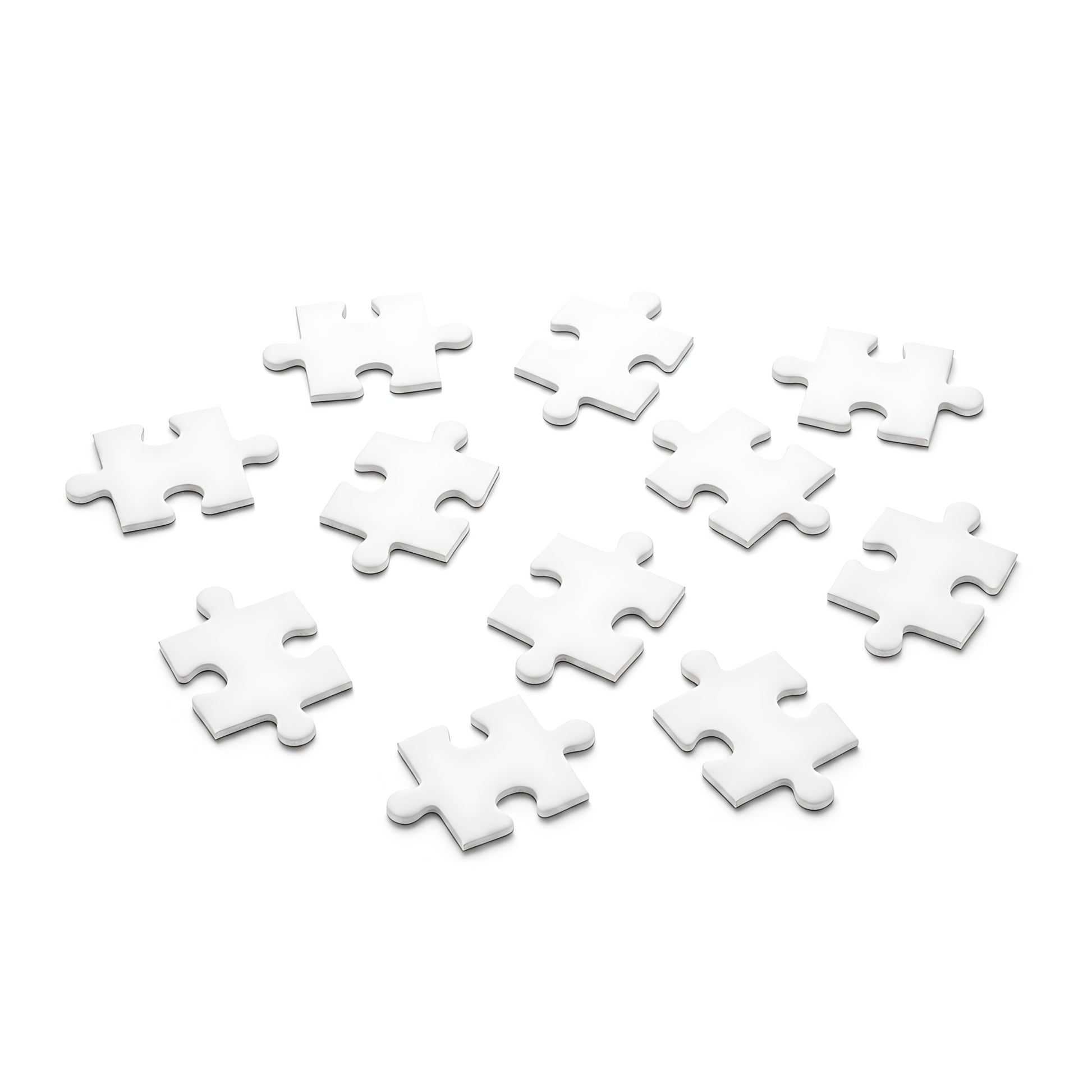 Ten white jigsaw puzzle pieces scattered on a plain white background.